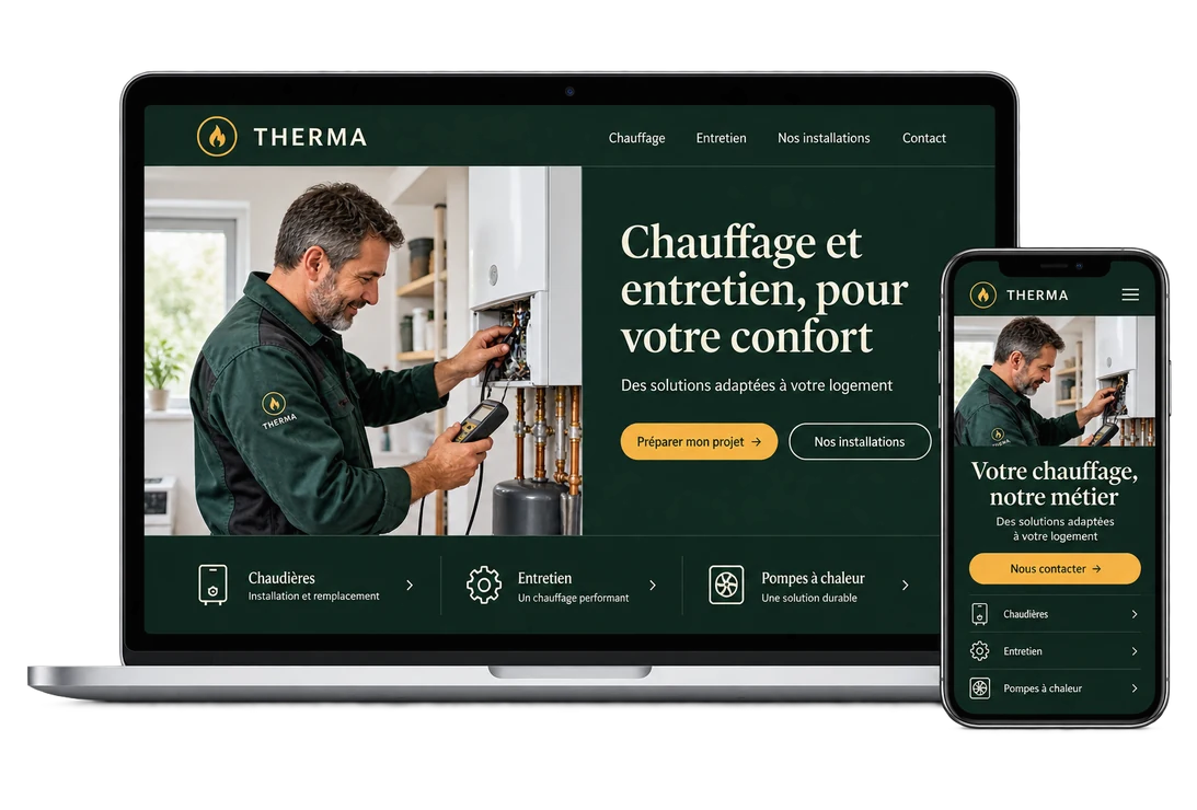 Proposition graphique de site de chauffage et entretien sur ordinateur et téléphone