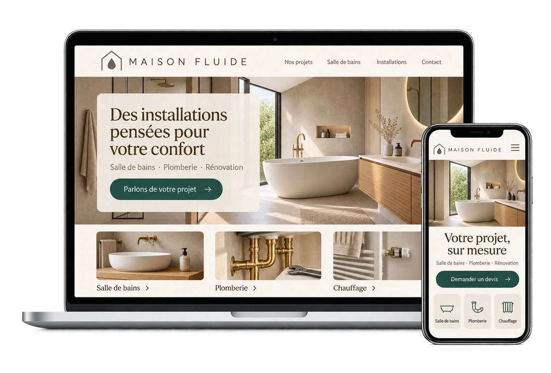 Proposition graphique de site de rénovation et installation sur ordinateur et téléphone
