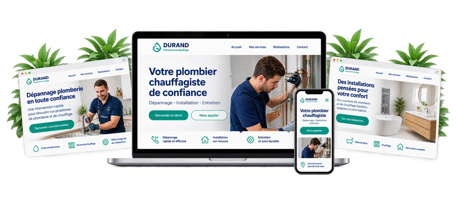 Proposition de site pour plombier chauffagiste sur ordinateur et téléphone, accompagnée de deux compositions de sites métier
