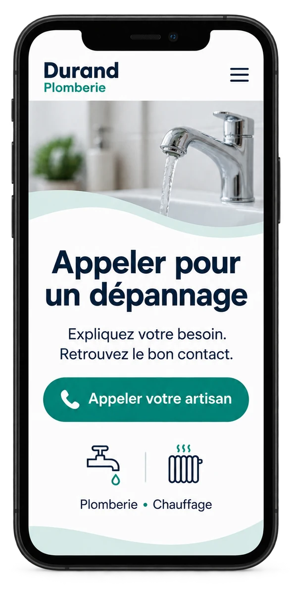 Aperçu mobile avec un bouton pour appeler un artisan