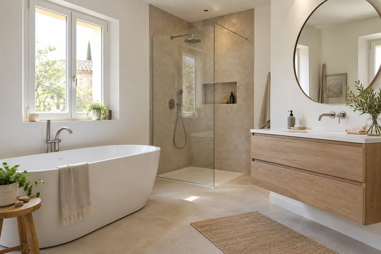 Salle de bains terminée avec baignoire, douche et meuble vasque
