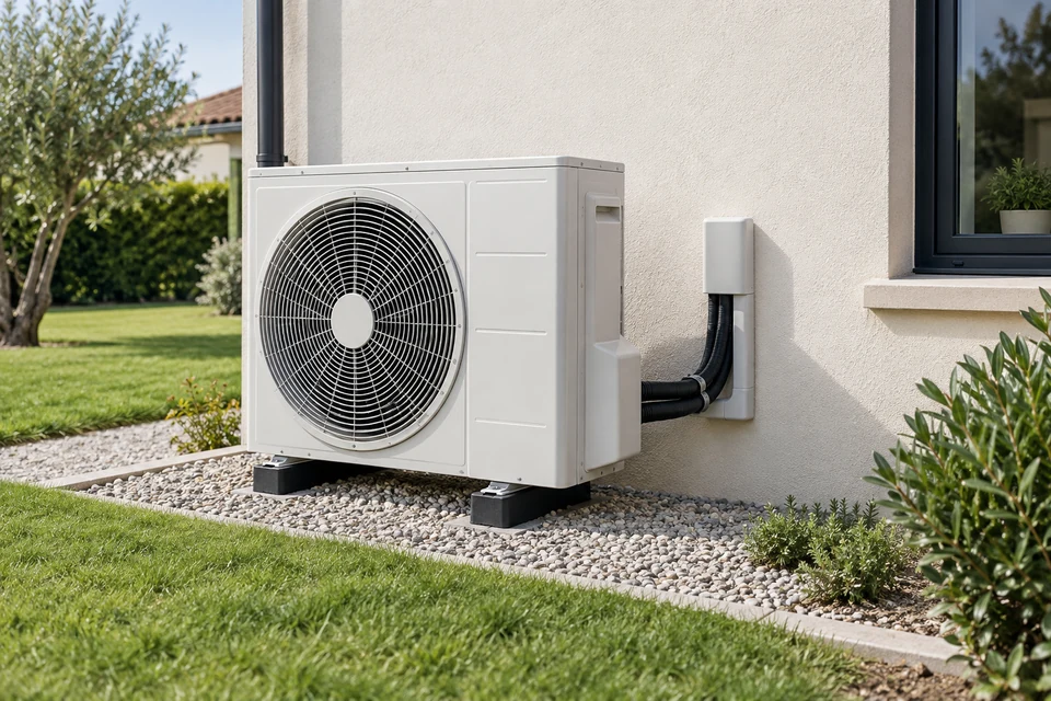 Pompe à chaleur installée à l’extérieur d’une maison