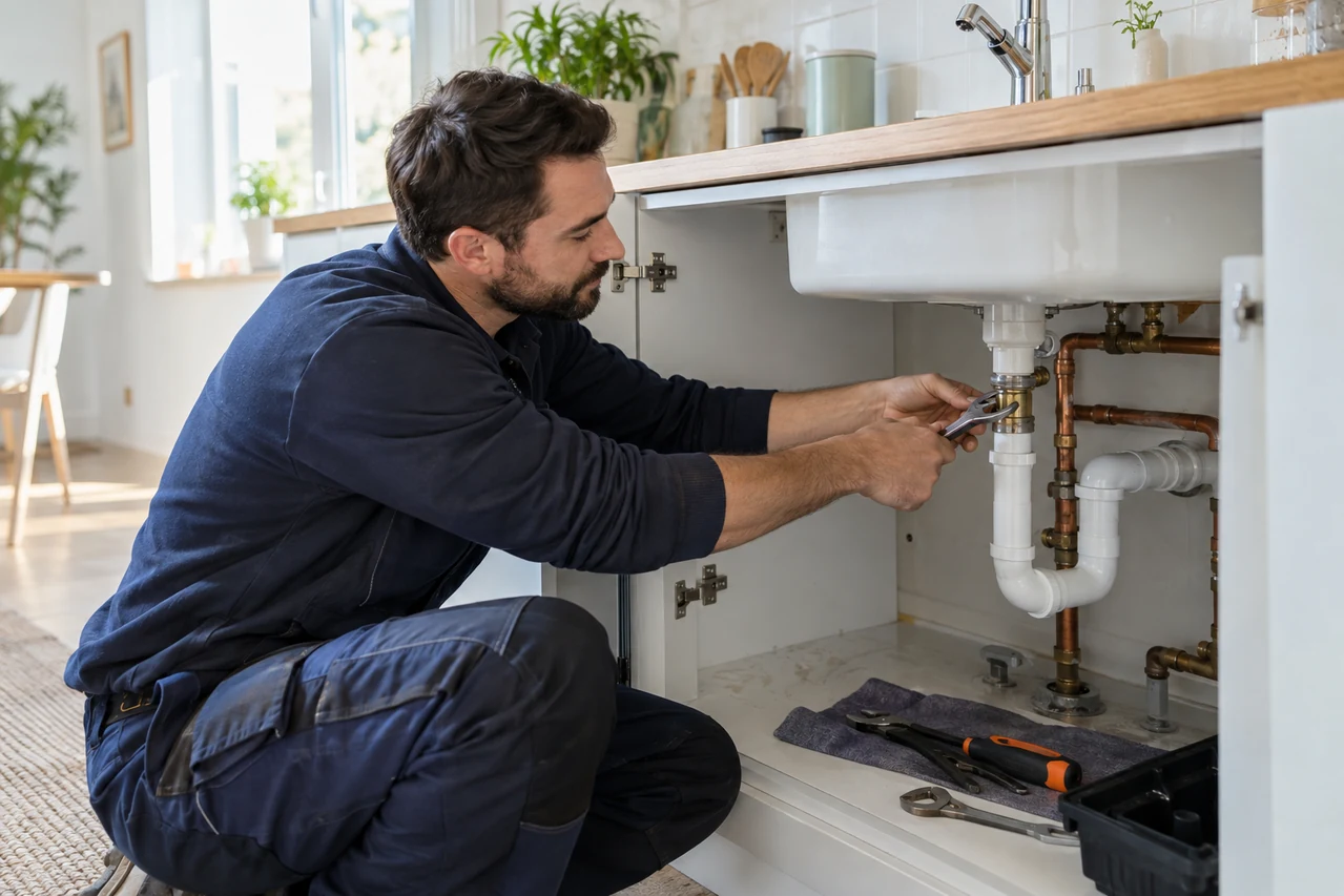 Artisan intervenant sur la plomberie sous un lavabo