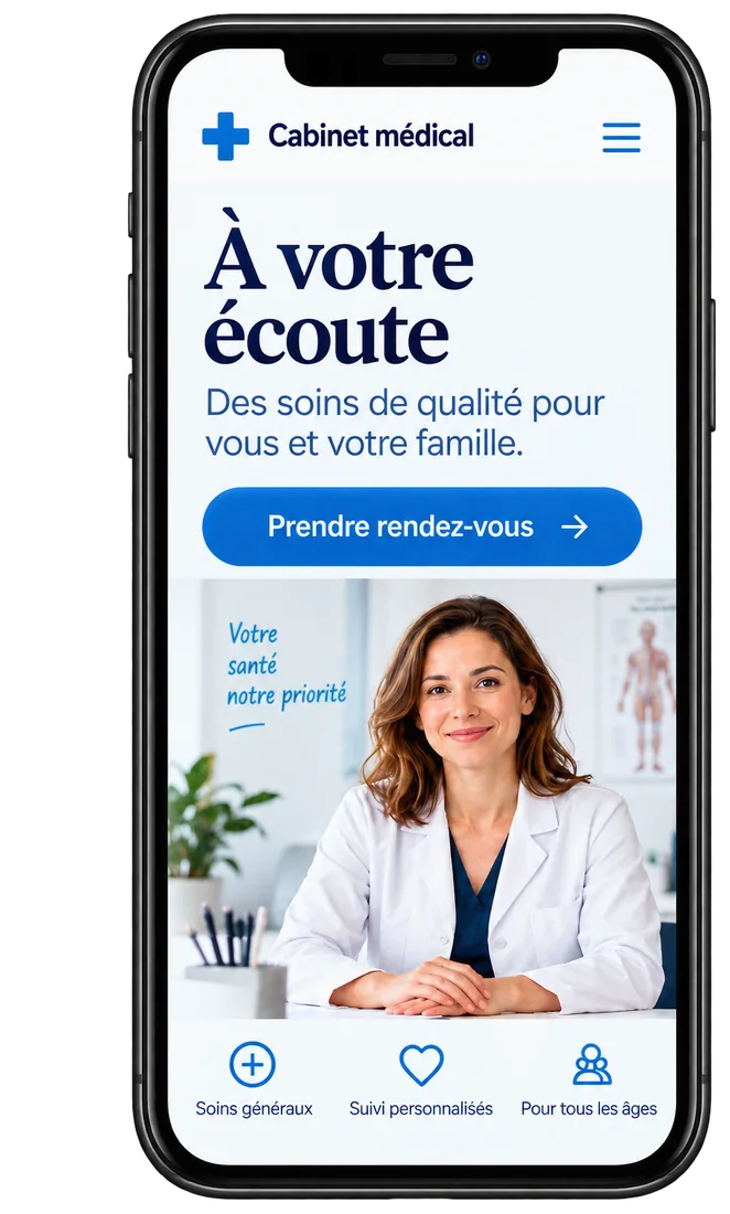 La même proposition de site de cabinet de santé adaptée au téléphone.