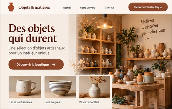 Proposition graphique de boutique en ligne pour un atelier de décoration.