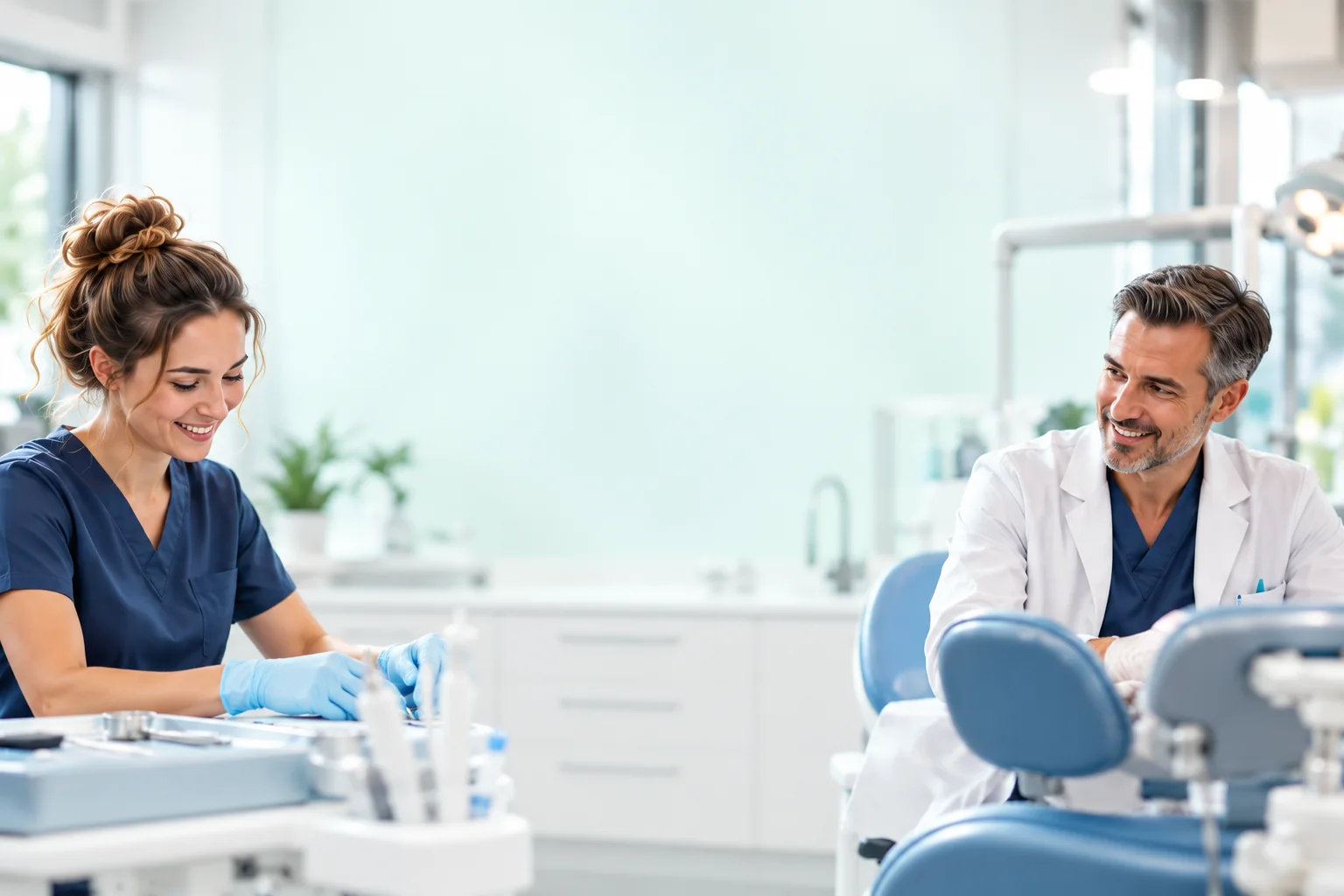 Une assistante dentaire et un dentiste dans un cabinet lumineux. Scène illustrative.