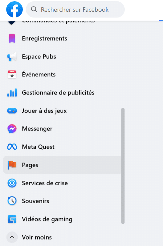 menu gauche facebook pages