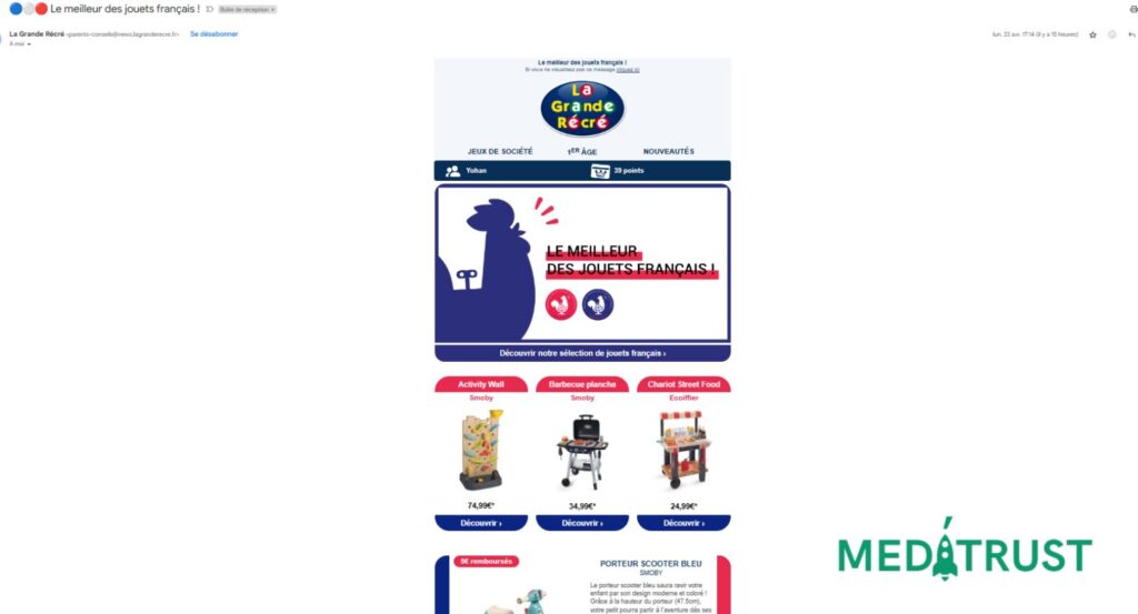 Campagne email La Grande Recré mettant en avant des jouets made in france
