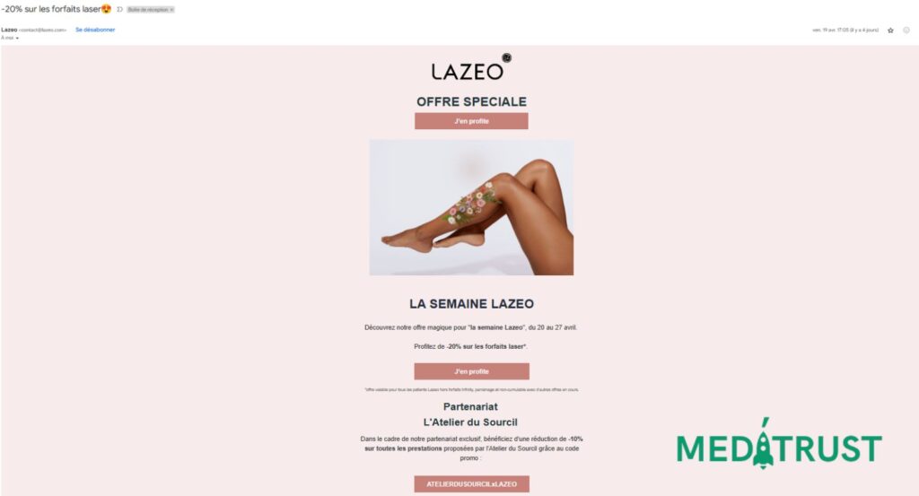 Campagne Email Lazeo pour présenter une promotion sur l'épilation laser
