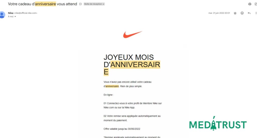 Campagne marketing de Nike en relation avec l'attribut date de naissance du contact - Anniversaire