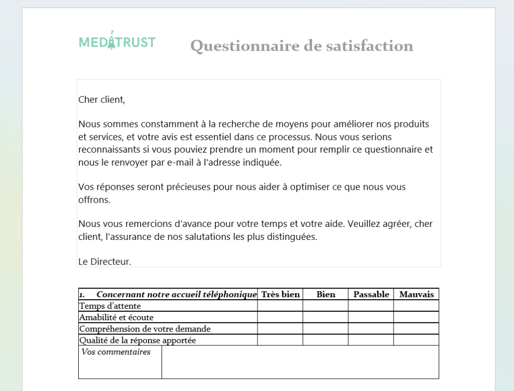 questionnaire satisfaction format microsoft word gratuit