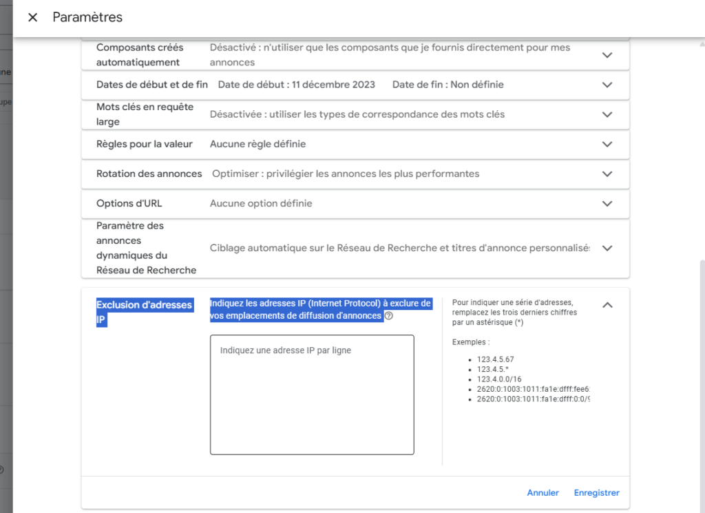 exclure adresse ip google ads