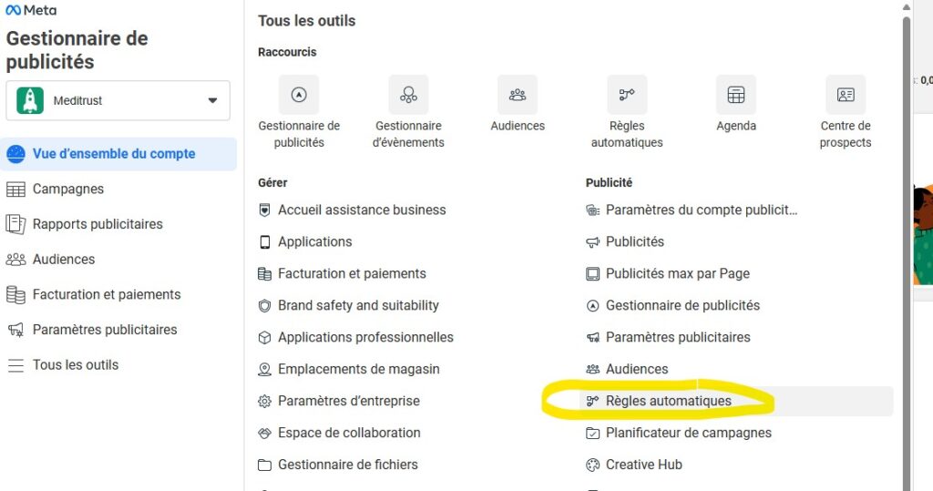 creation regle automatique compte meta ads