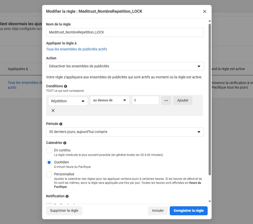 formulaire regle blocage campagne repetition meta ads