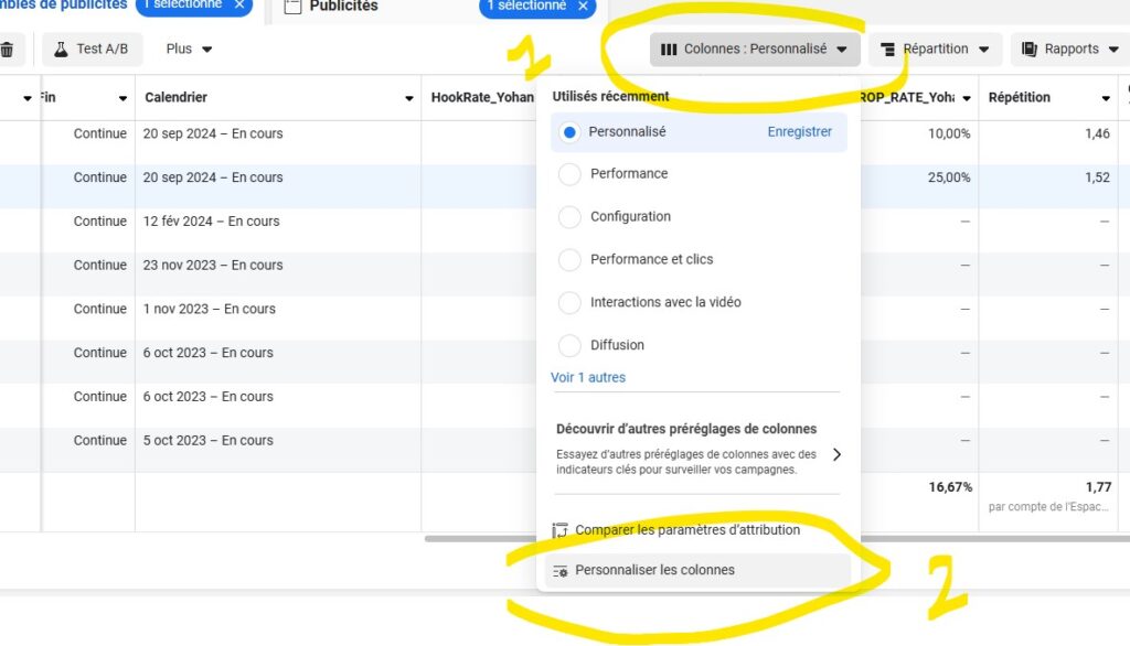 meta ads personnaliser colonne
