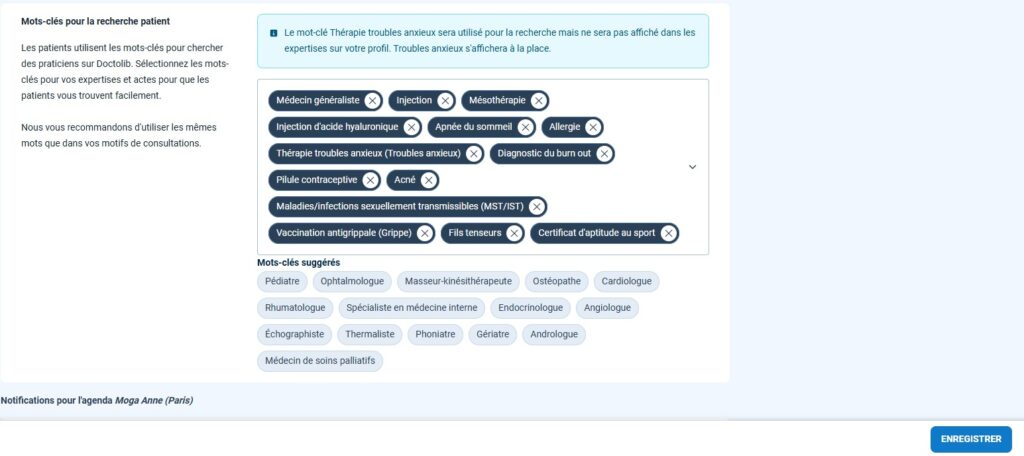 selection mot cles profil doctolib