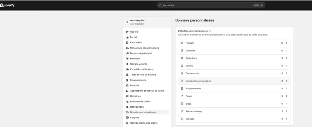 menu shopify donnees personnalisees