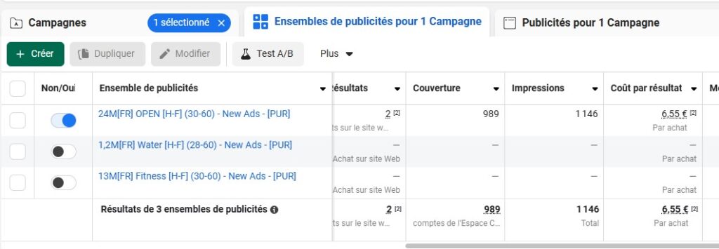 selection niveau ensemble de publicite adsmananager facebook