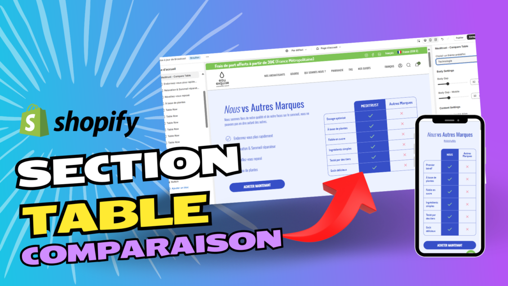 shopify section tableau comparaison