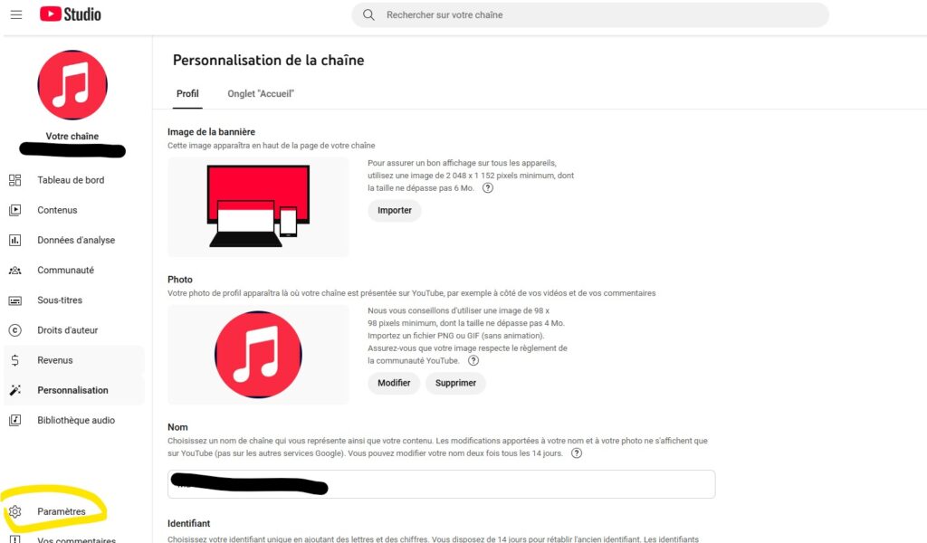 parametre chaine youtube