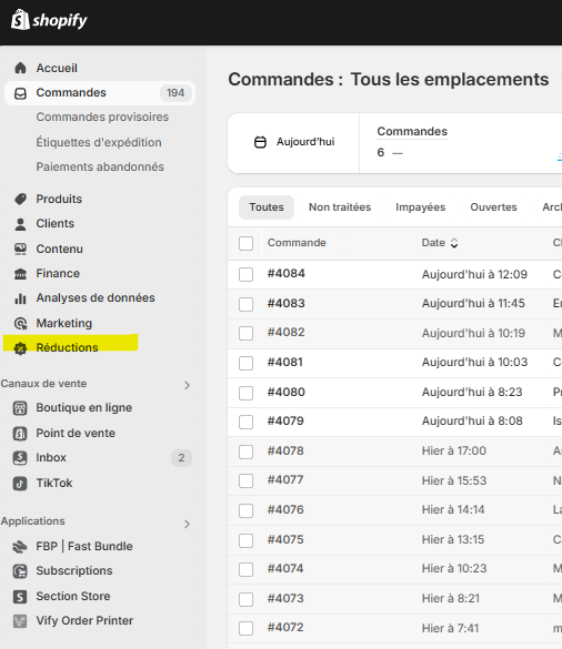 Comment créer un code de réduction sur Shopify : guide pas à pas 3 menu back office shopify reduction