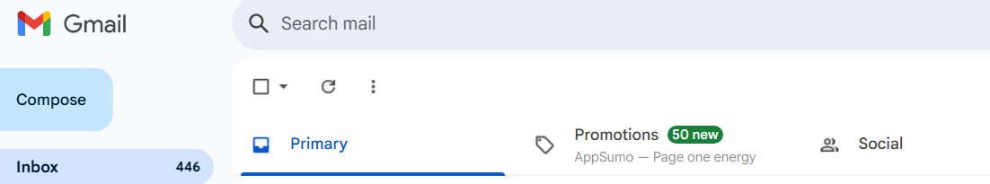 Capture Gmail - Onglets Boîte principale, Promotions, Réseaux sociaux