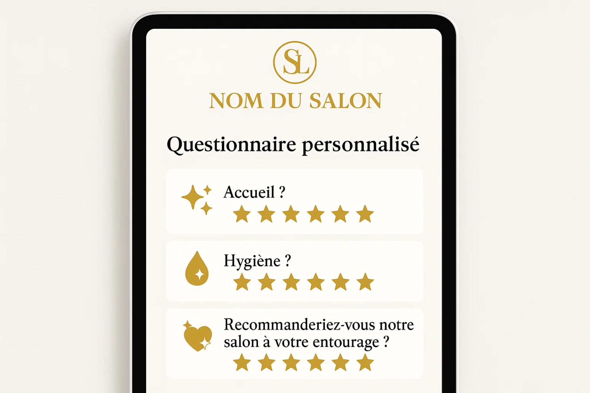 Exemple de questionnaire personnalisé aux couleurs d’un salon ou institut