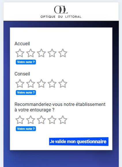 Aperçu d’un questionnaire de satisfaction client personnalisé aux couleurs et logo d’un opticien