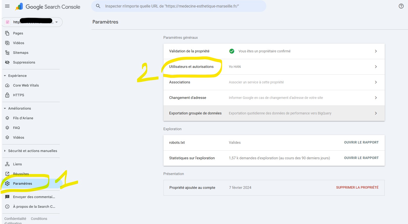 Capture écran Search Console : menu Paramètres puis Utilisateurs et autorisations