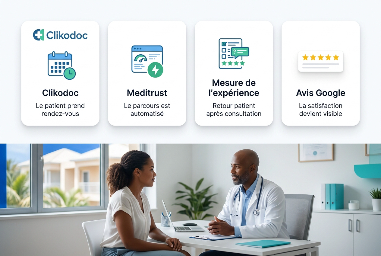 Interface Meditrust connectée à Clickdoc pour automatiser les questionnaires patients et les avis Google