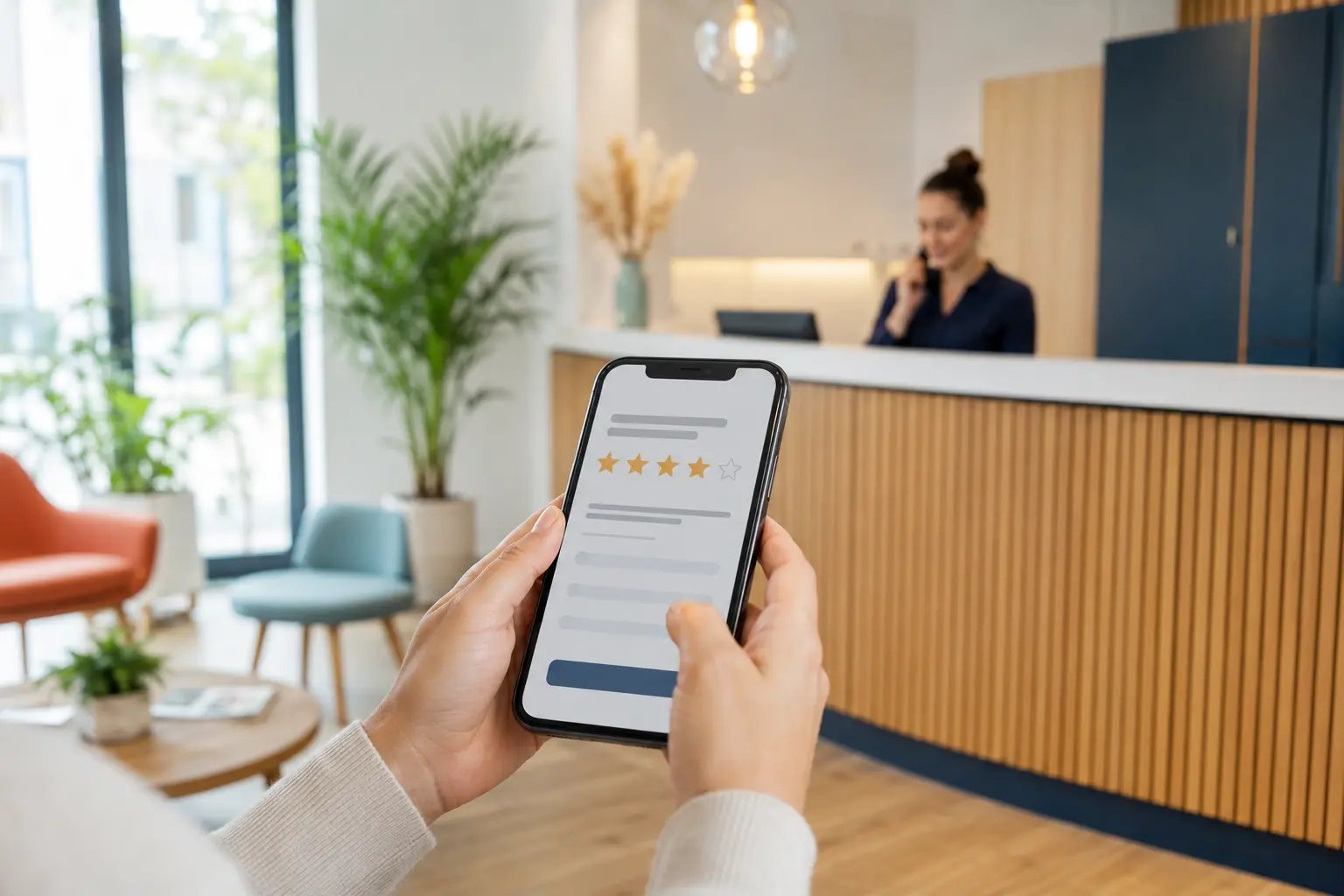 Google Maps ne se contente plus d’afficher vos étoiles : Gemini analyse désormais ce que racontent vos clients 4 Patient laissant un avis détaillé sur son téléphone après un rendez-vous dans un établissement de santé