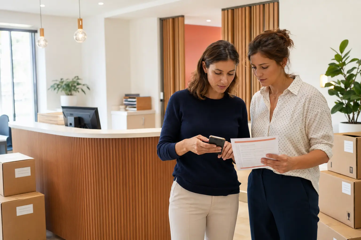 Vous changez l’adresse de votre cabinet ? Ne créez surtout pas une nouvelle fiche Google avant d’avoir lu ceci 4 Responsables d’un cabinet vérifiant une checklist numérique avant la réouverture à une nouvelle adresse