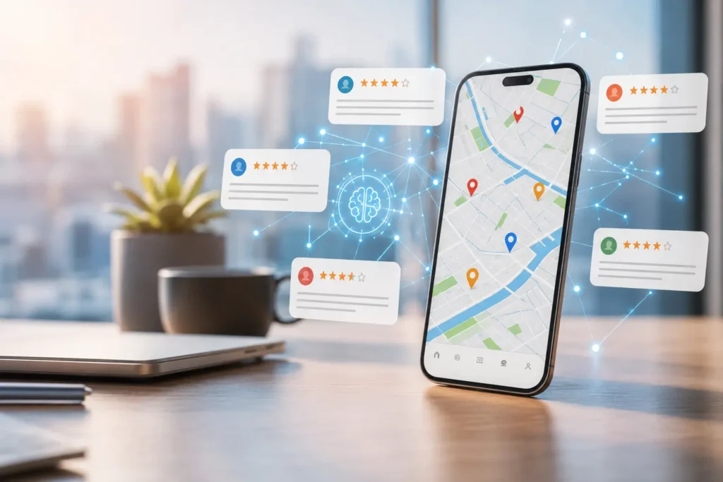 Google Maps ne se contente plus d’afficher vos étoiles : Gemini analyse désormais ce que racontent vos clients 2 Smartphone affichant une carte locale pendant qu’une intelligence artificielle analyse des avis clients