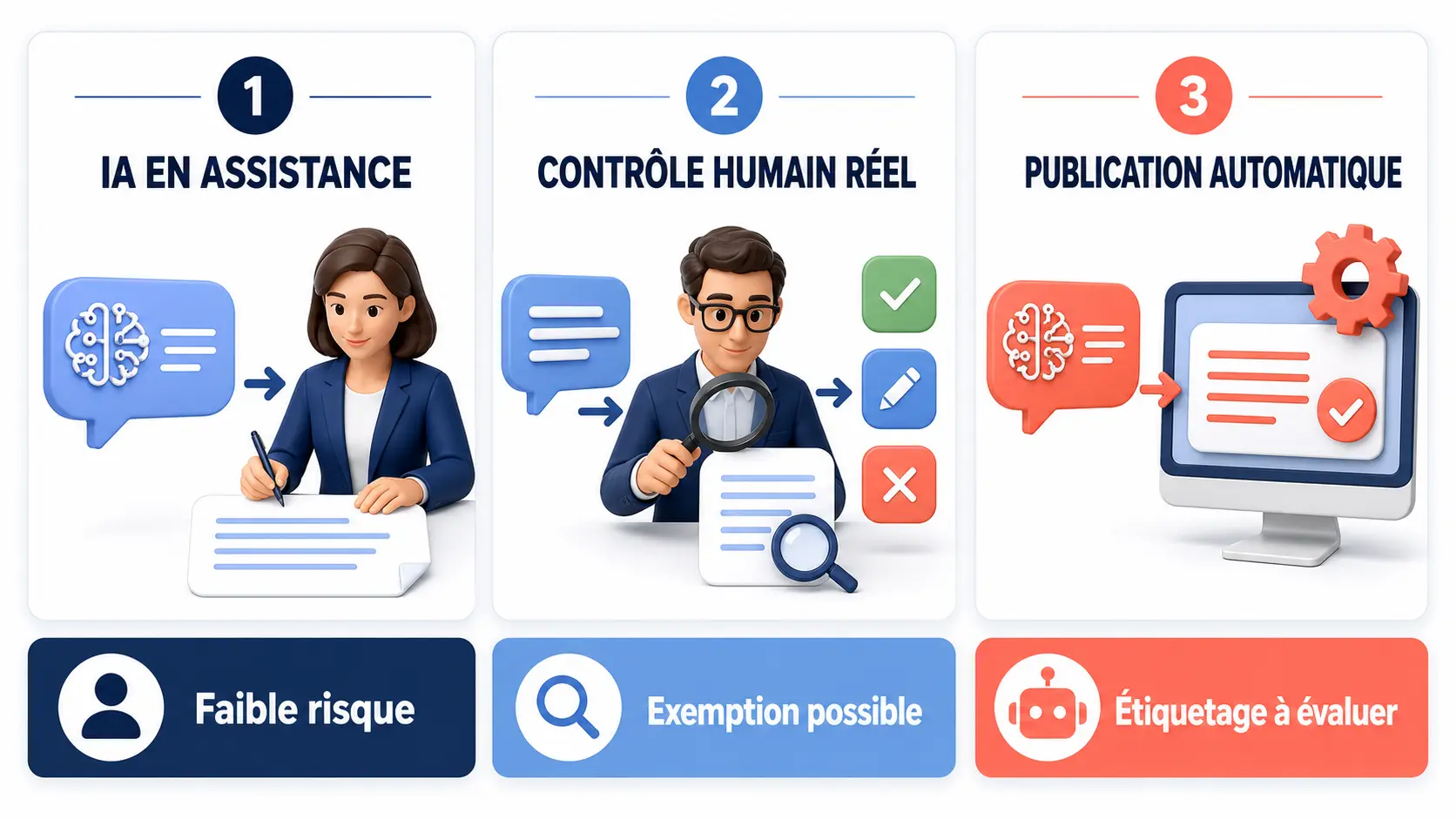 Faudra-t-il écrire « réponse générée par une IA » sous chaque avis Google à partir du 2 août 2026 ? 3 Infographie comparant assistance par IA, contrôle humain réel et publication entièrement automatique
