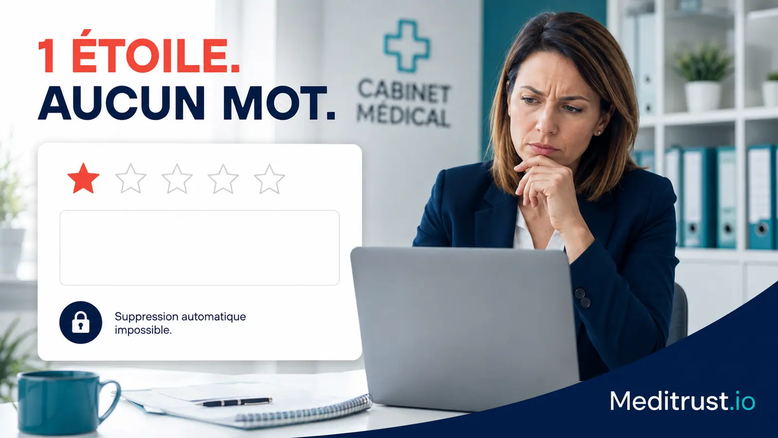 Meditrust 33 Une étoile sans commentaire affichée sur la fiche Google d’un cabinet